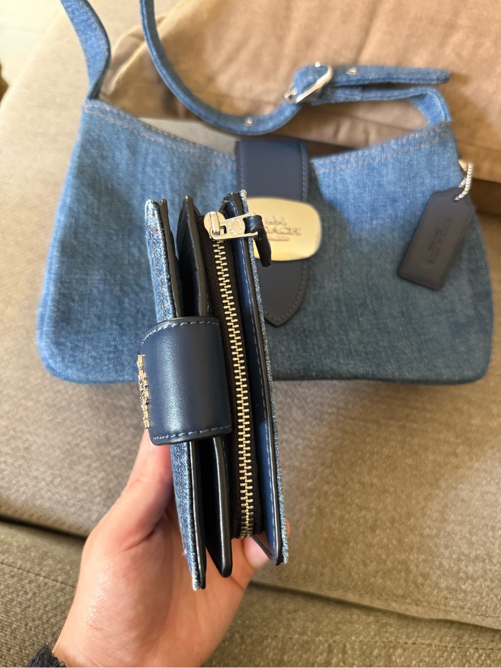 Coach Denim Shoulder Bag & Wallet with Navy Leather Trim and Silver Hardware - Picture 7 of 8